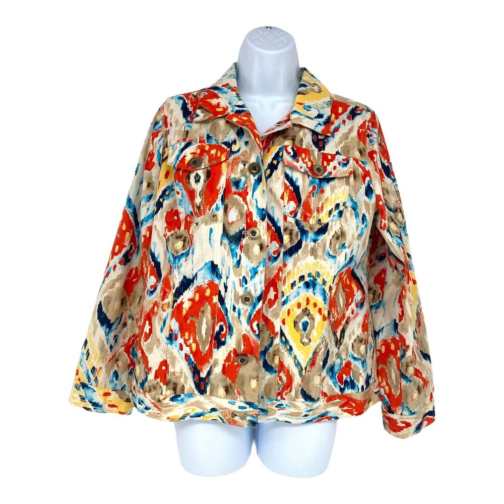 Chicos Women's 1 M/8 Multicolored Artsy Blouse Jacket Button Up Long‎ Sleeve